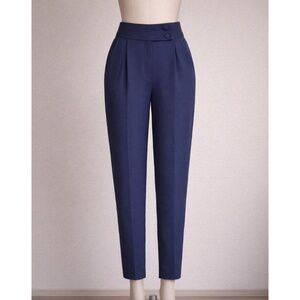 Navy Blue High-Waisted Ankle-length Tapered Work Slacks | Tailored Fit